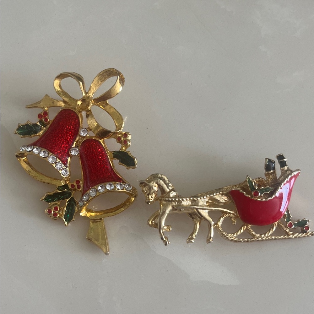 Festive Gold and Red Vintage Holiday Brooch Set